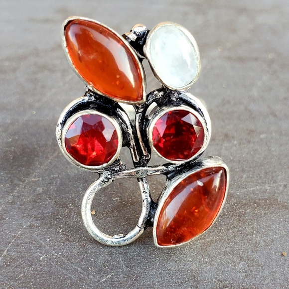 New Amber, Garnet & Rainbow Moonstone 925 Silver Ring. - Picture 6 of 16